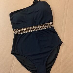 Black and Gold Strapless One-Piece Swimsuit with Metallic Waistband